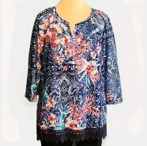 Christopher & Banks Blue Floral Paisley 3/4 Sleeve Tunic Blouse with Lace Hem M